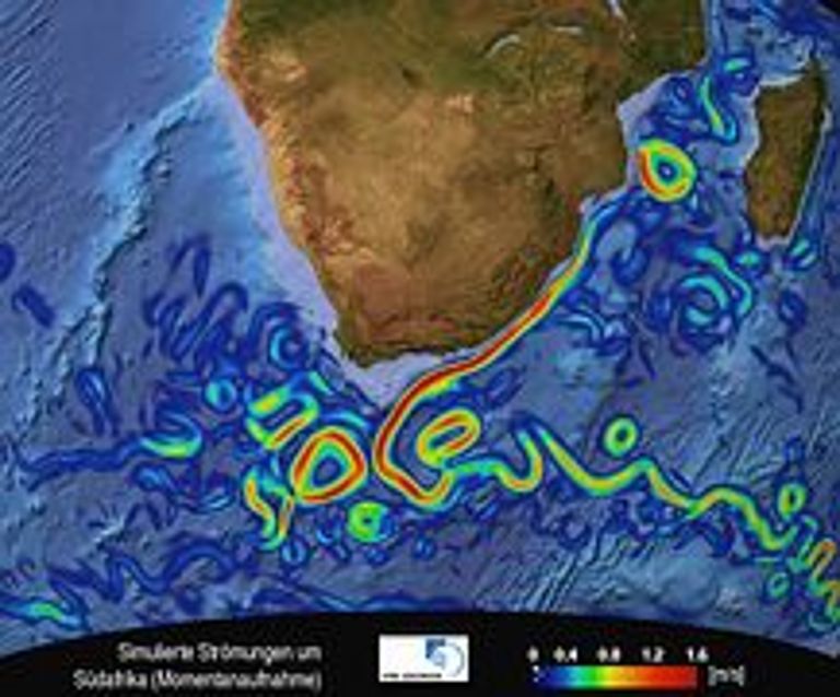 Der Agulhasstrom (rotes Band) fließt entlang der südafrikanischen Küste. Südwestlich von Kapstadt vollzieht er eine abrupte Kehrtwende zurück in den Indischen Ozean. Dabei schnürt er Wirbel ab, die nach Westen in den Atlantik driften. (Die Farben geben die Stärke der Strömung an.)