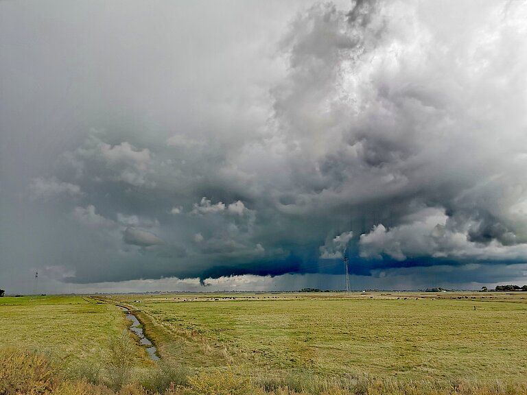 Ein Sturm zieht von der Nordsee her auf. Dicke Wolken türmen sich über grünem Grasland.