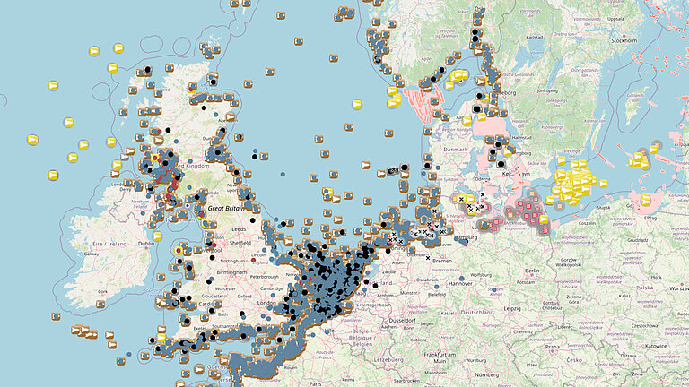 A map of Europe with many colourful areas and dots on the sea areas