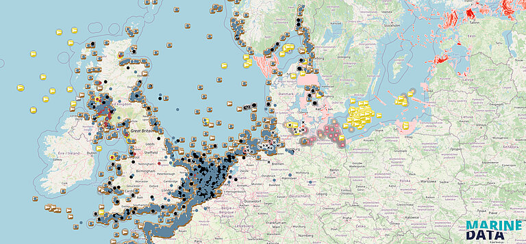 Eine Karte von Europa mit vielen bunten Flächen und Punkten auf den Meeresflächen