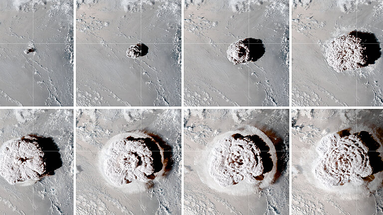 Eight square pictures in shades of grey, in which the rosette-shaped spread of volcanic ash can be seen step by step from picture to picture