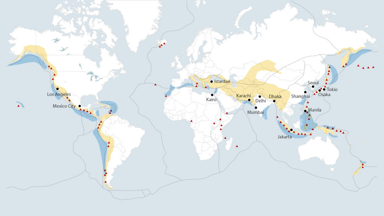 World map with zones of potential natural hazards and selected cities with millions of inhabitants (simplified representation). 